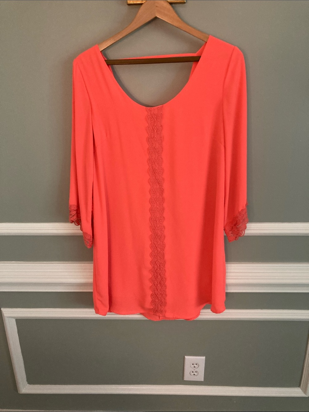 Coral Scoop Neck Tunic Dress with Lace Trim